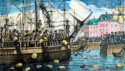 cartoon depiction of boston tea party boat in harbor